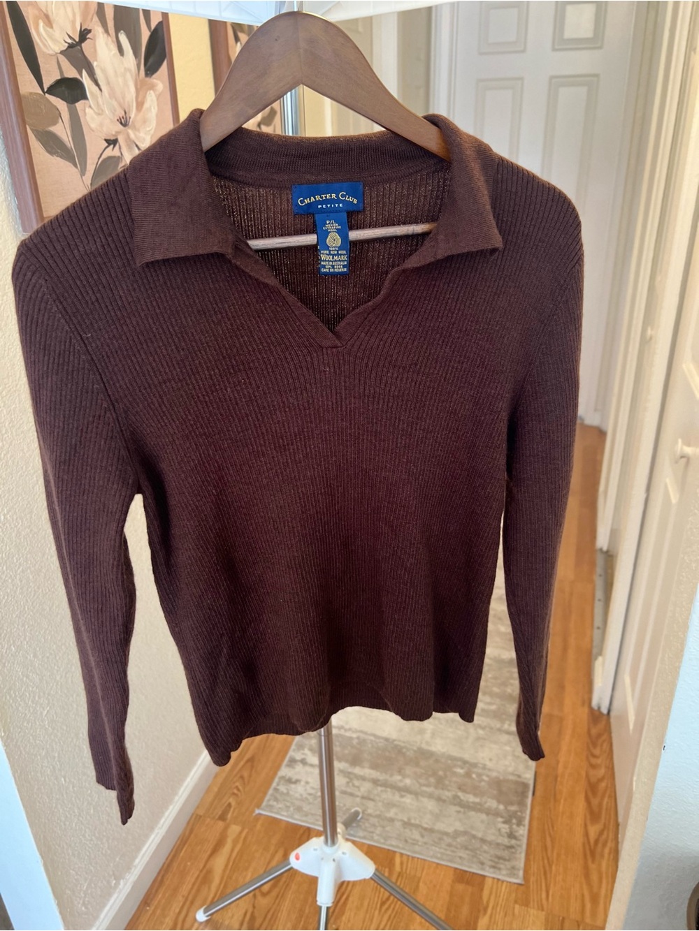 Vintage Charter Club Chocolate Brown Ribbed V-Neck Collared Sweater